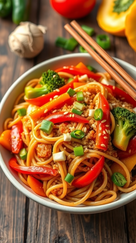 A bowl of quinoa noodles stir-fried with vegetables, garnished with sesame seeds and green onions, on a wooden table.